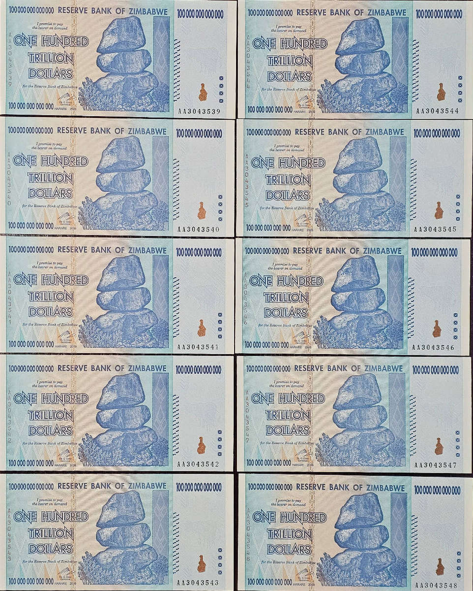 10 x UNC Sequential One Hundred Trillion Zim Dollar Notes