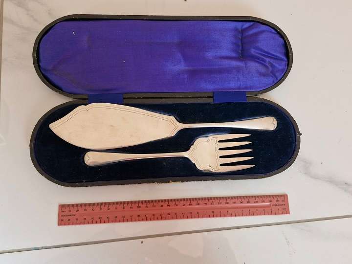 RARE FIND ! Vintage Large size Fish serving set in original box !