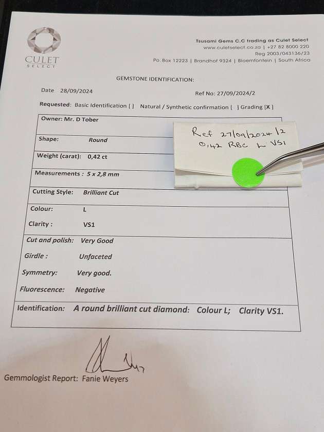 Natural, Certified 0.42 carat VS1 Diamond