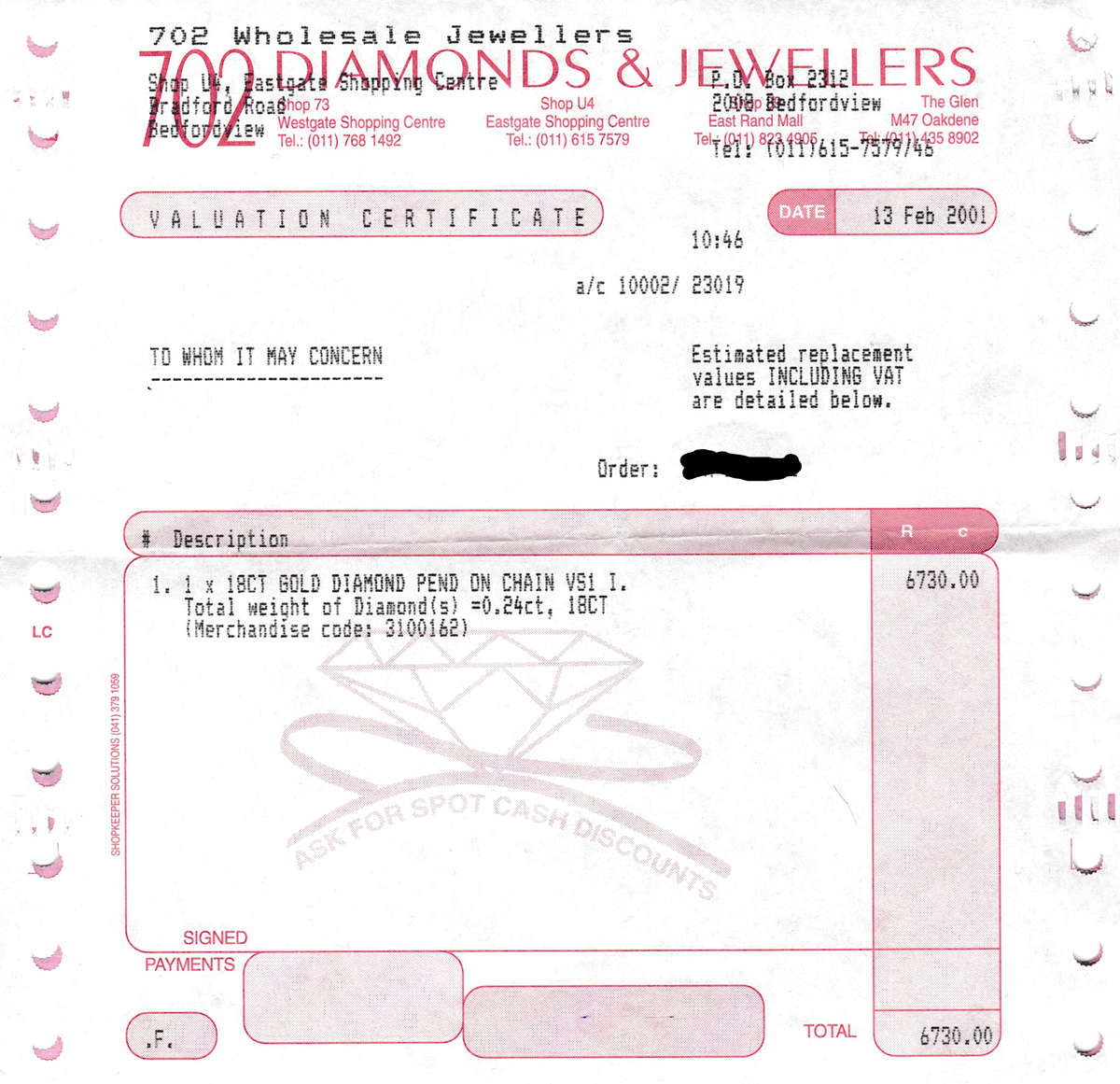 18ct white gold diamond pendant + 9ct white gold snake chain