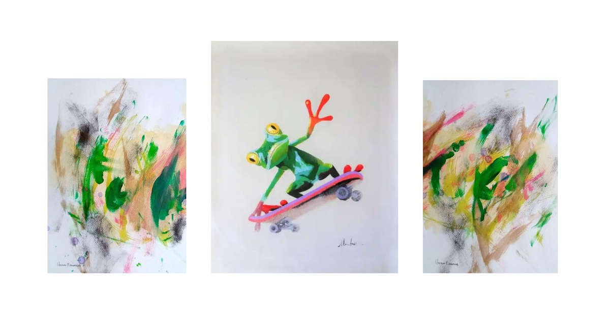 set of three - frog on skateboard oil painting