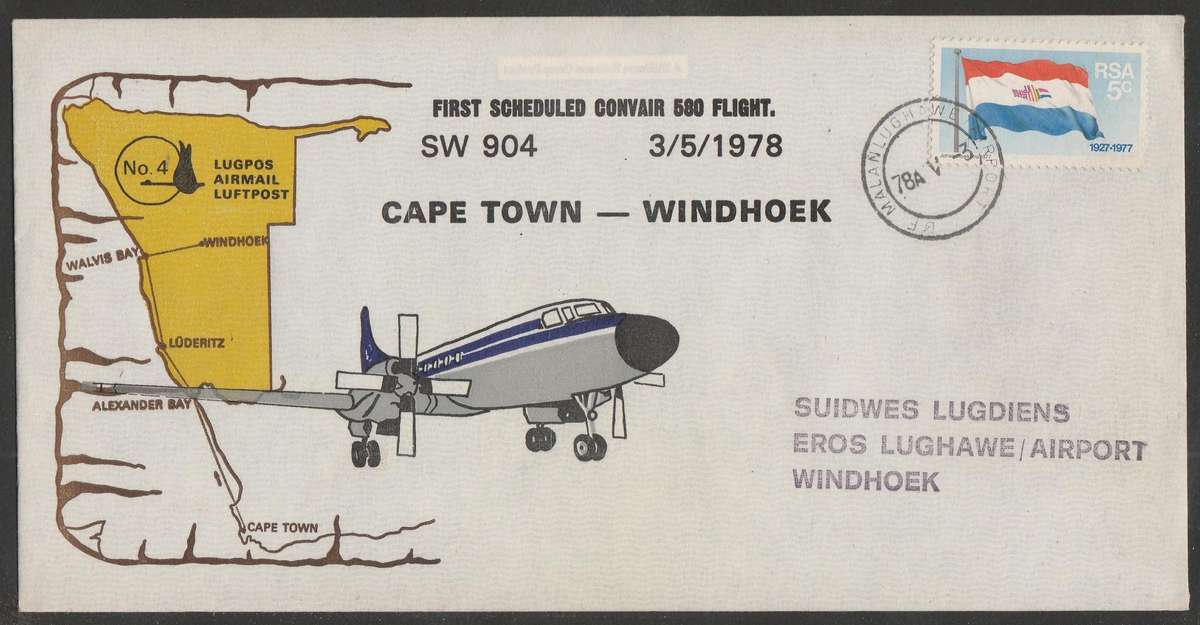 AVIATION 1978 SOUTH WEST AIRWAYS COVER #4 - 1ST SCHEDULED CONVAIR 580 FLIGHT CAPE TOWN TO WINDHOEK