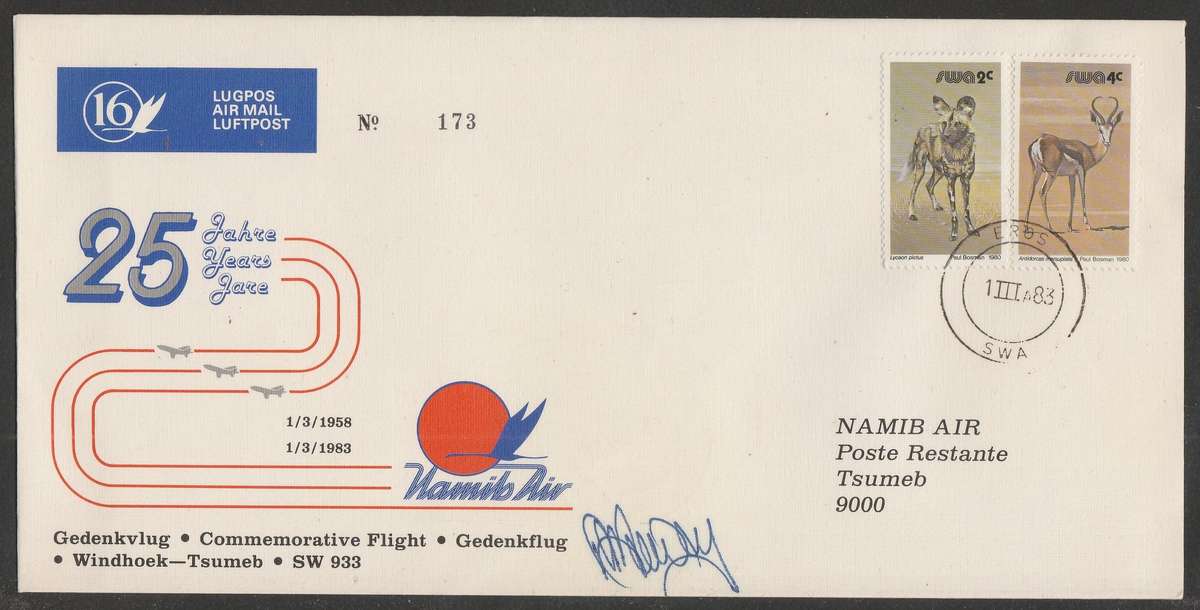 AVIATION 1983 NAMIB AIR SIGNED COVER #16 - 25 YEARS NAMIB AIR COMM FLIGHT WINDHOEK TO TSUMEB