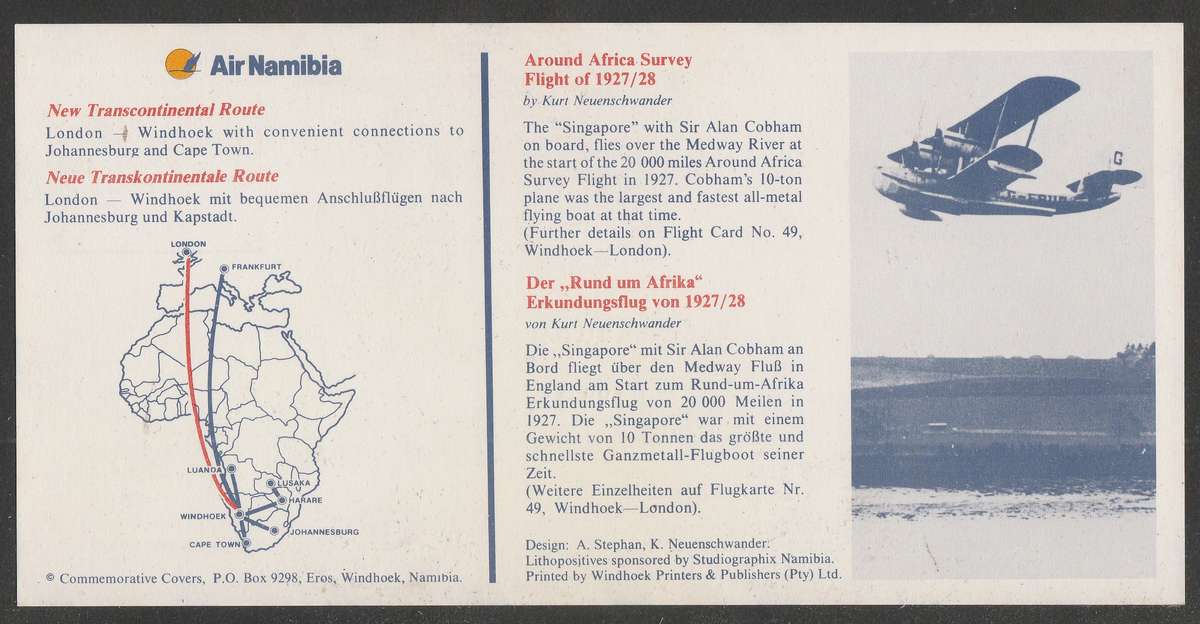 AVIATION 1992 AIR NAMIBIA CARD #50 - FIRST BOEING 747SP FLIGHT LONDON TO WINDHOEK