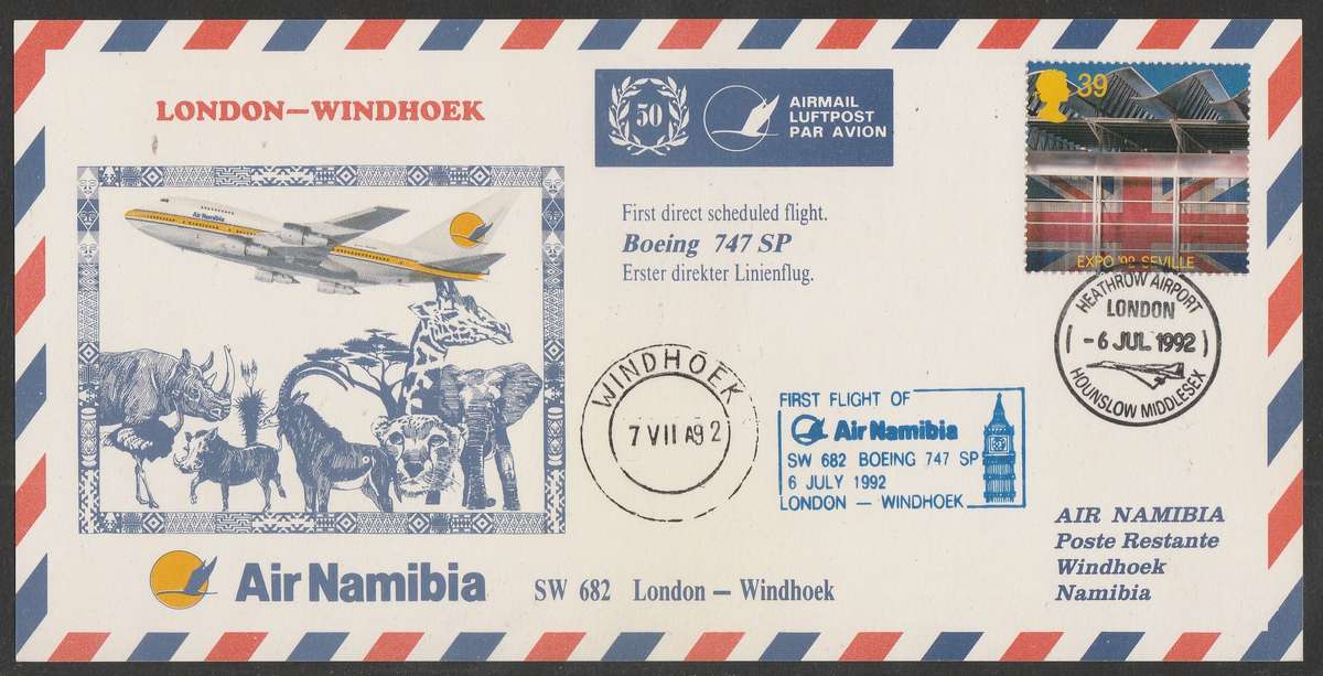 AVIATION 1992 AIR NAMIBIA CARD #50 - FIRST BOEING 747SP FLIGHT LONDON TO WINDHOEK