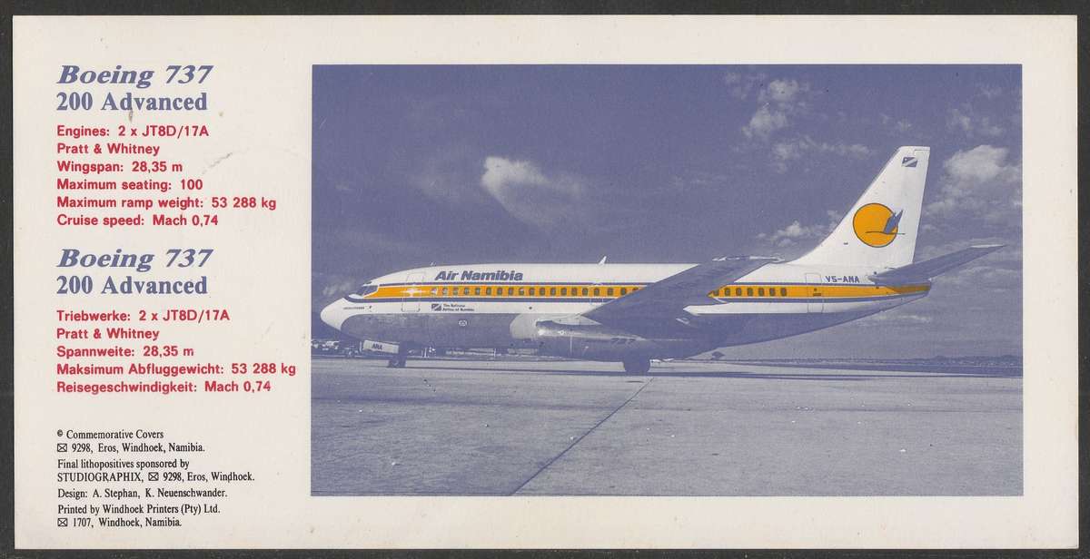 AVIATION 1994 AIR NAMIBIA SIGNED CARD #53 FIRST BOEING 737 FLIGHT WALVIS BAY TO WINDHOEK