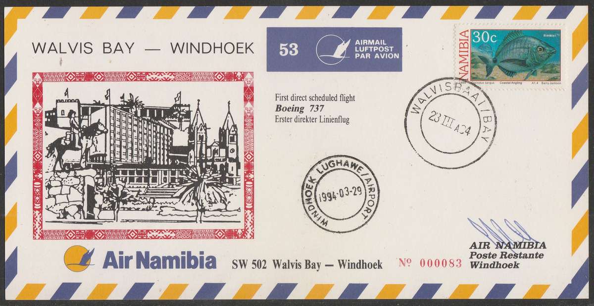 AVIATION 1994 AIR NAMIBIA SIGNED CARD #53 FIRST BOEING 737 FLIGHT WALVIS BAY TO WINDHOEK