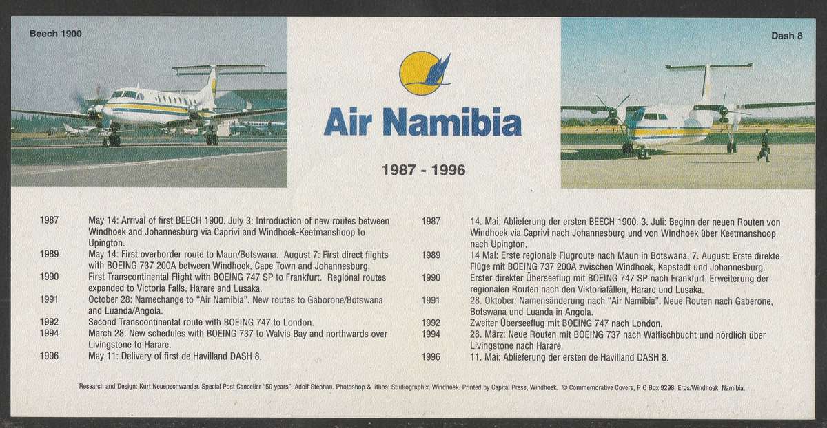 AVIATION 1996 AIR NAMIBIA CARD #64 50 YEARS FLIGHT IN NAMIBIA WINDHOEK TO FRANKFURT