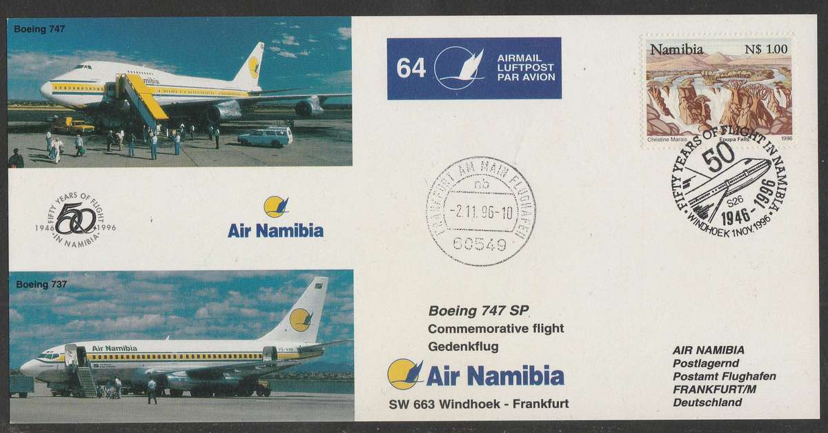 AVIATION 1996 AIR NAMIBIA CARD #64 50 YEARS FLIGHT IN NAMIBIA WINDHOEK TO FRANKFURT