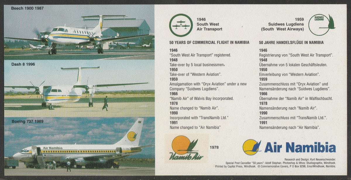 AVIATION 1996 AIR NAMIBIA SIGNED CARD #65 50 YEARS FLIGHT IN NAMIBIA WINDHOEK TO LONDON