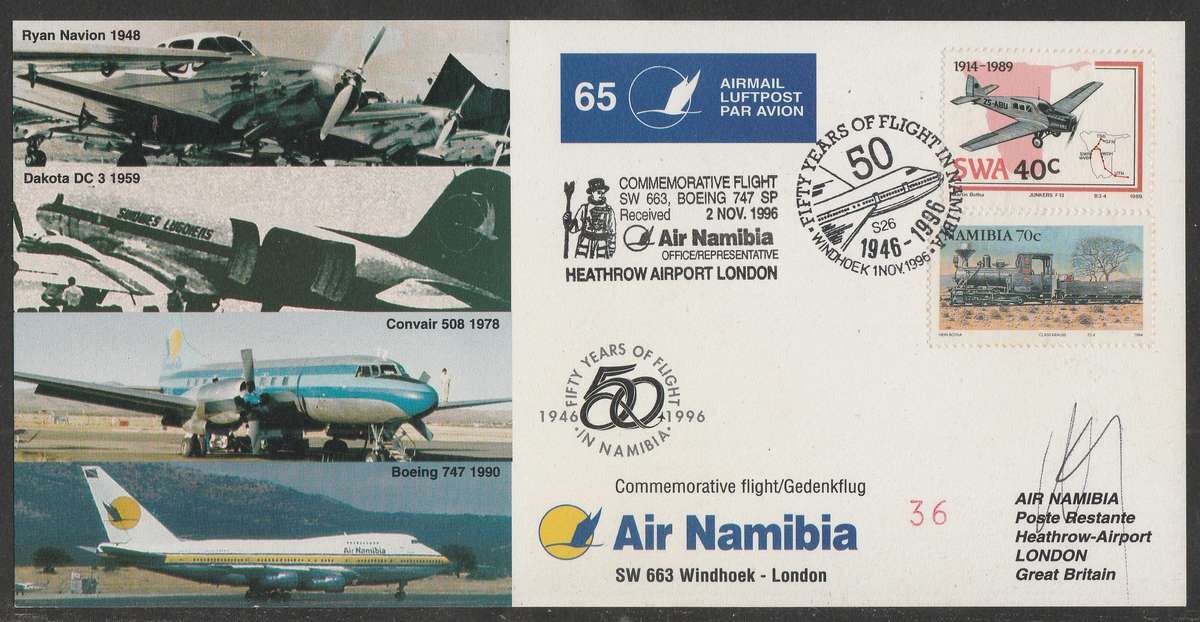 AVIATION 1996 AIR NAMIBIA SIGNED CARD #65 50 YEARS FLIGHT IN NAMIBIA WINDHOEK TO LONDON