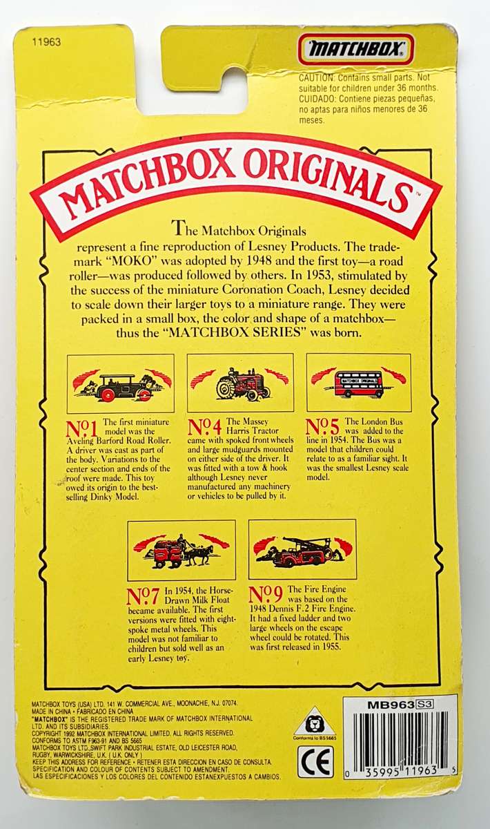 LTD. ED. 1992 MOKO LESNEY MATCHBOX ORIGINALS "THE FIRE ENGINE"