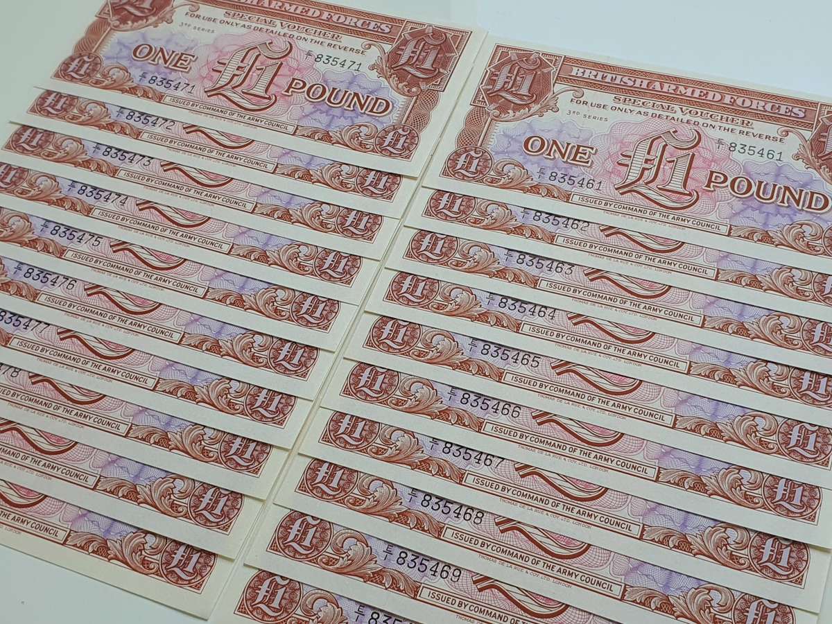 20 x £1 ONE POUND - UNC - CONSECUTIVE ORDER  - BRITISH ARMED FORCES - TOP ITEM