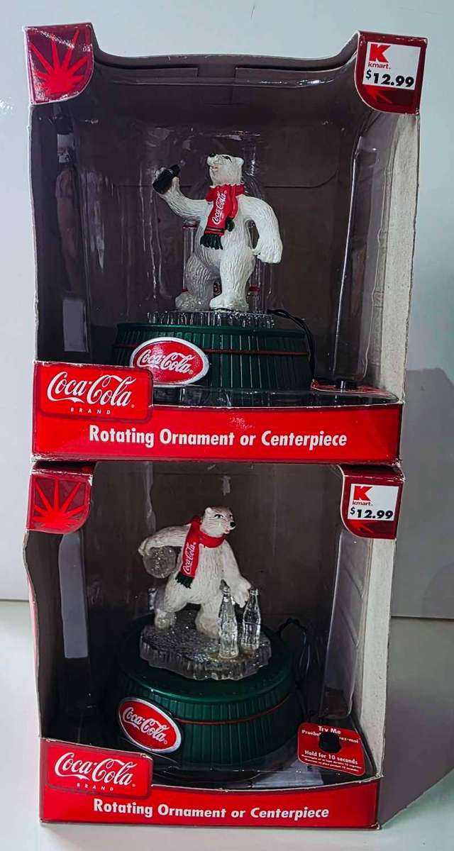 RARE!! - COCA-COLA POLAR BEAR ROTATING ORNAMENTS  SET OF 2 - AAA BATTERY