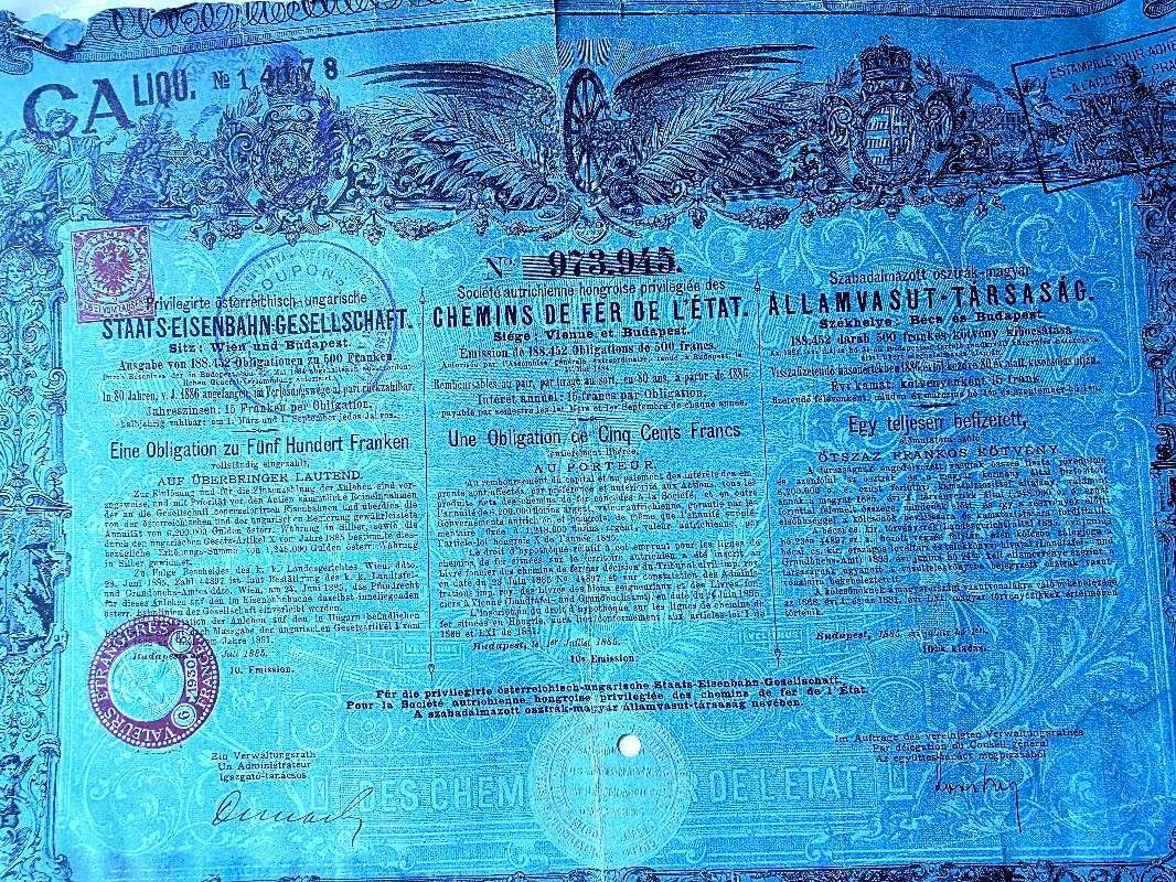 Rare 1885 Austro-Hungarian Empire Railway Bond  500 Francs