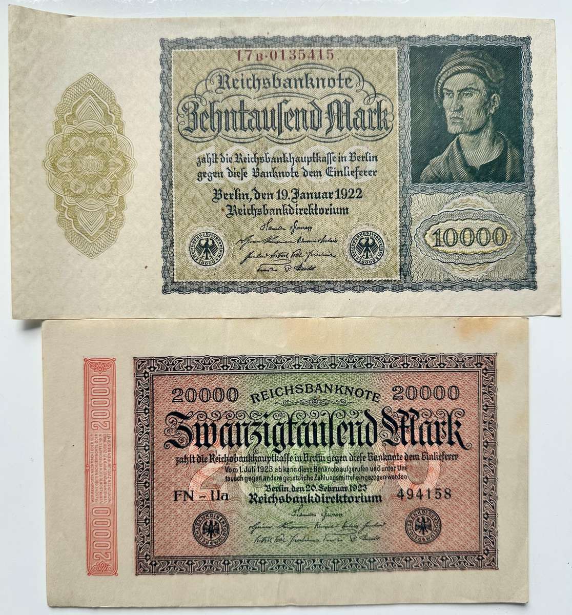 2 GERMAN REICHS BANKNOTEN 1922/23 - EXCLLENT CONDITION - MORE THAN 100 YEARS OLD