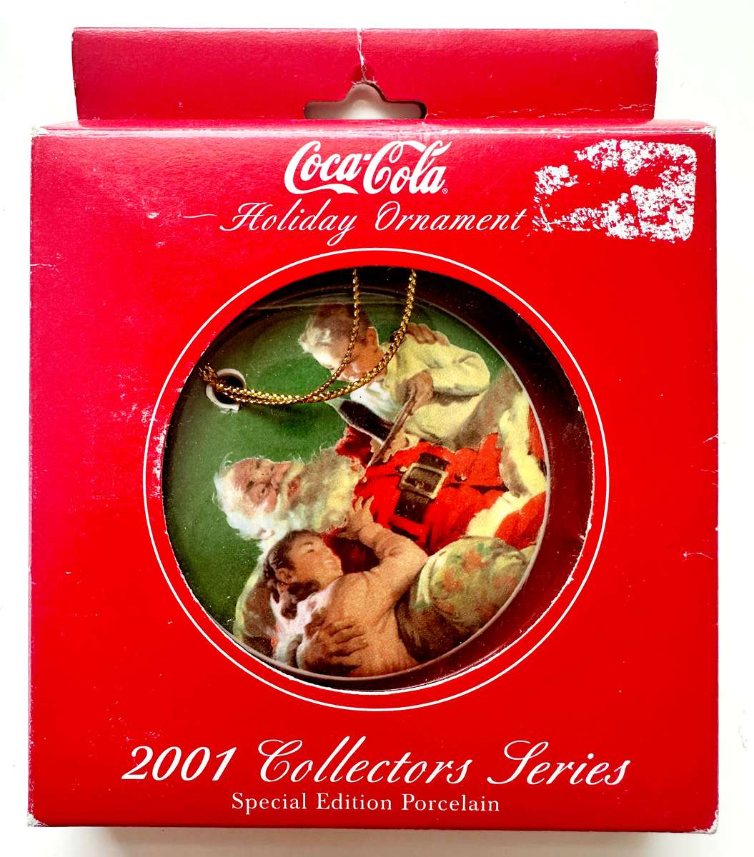2 X VINTAGE 2001 COCO COLA CHRISTMAS ORNAMENTS - SPECIAL EDITION PORCELAIN COLLECTORS SERIES - TOP