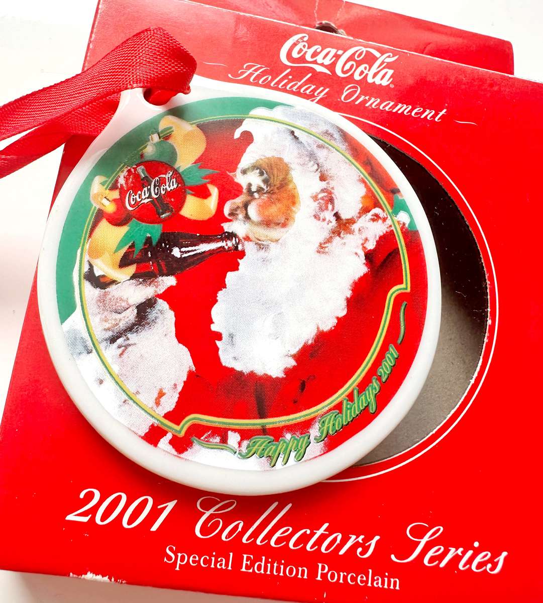 2 X VINTAGE 2001 COCO COLA CHRISTMAS ORNAMENTS - SPECIAL EDITION PORCELAIN COLLECTORS SERIES - TOP