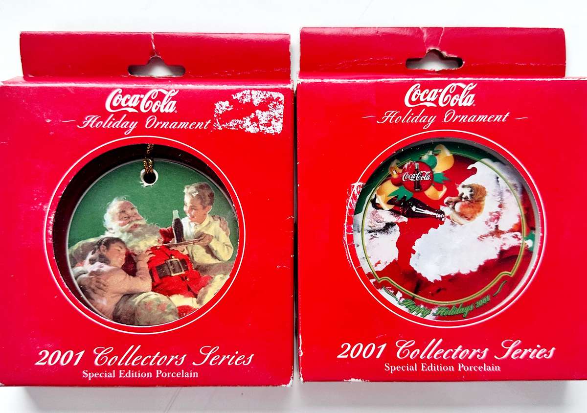 2 X VINTAGE 2001 COCO COLA CHRISTMAS ORNAMENTS - SPECIAL EDITION PORCELAIN COLLECTORS SERIES - TOP