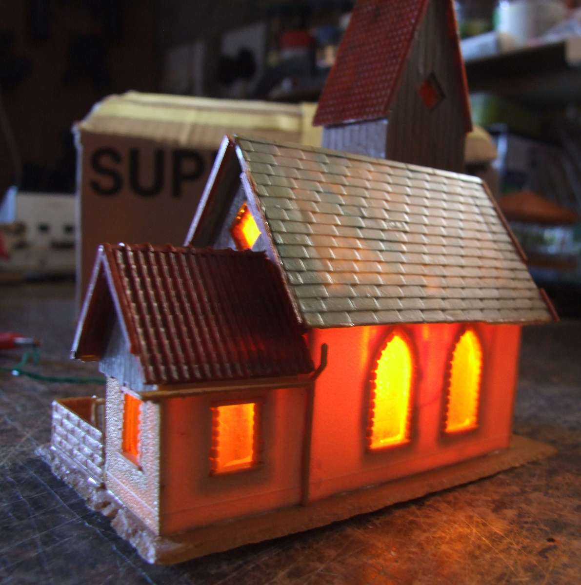 SCENERY HO:  On Auction is this European Style Country Church with Light in Good Used Condition.