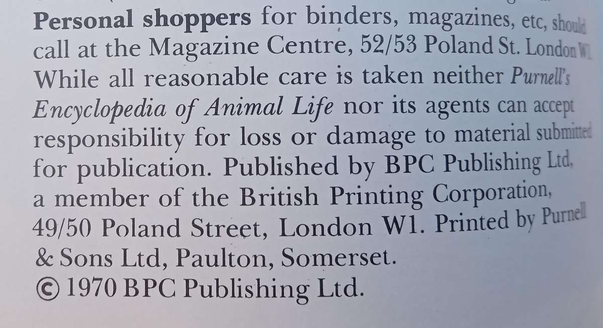 1970 Purnell's Encyclopedia Of Animal Life No92 (Vol 6 No 12)