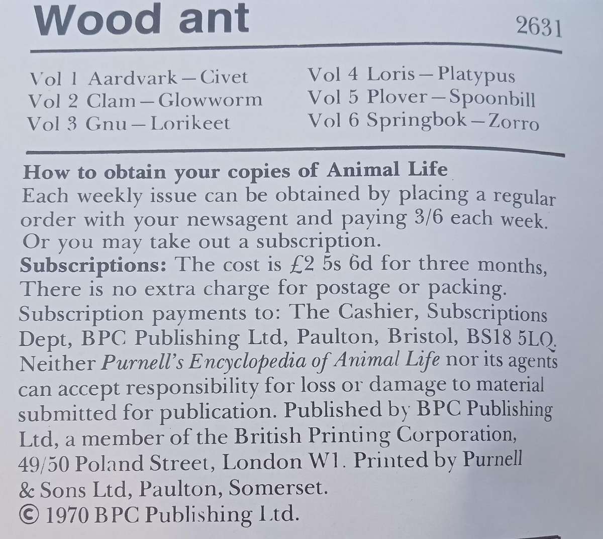 1970 Purnell's Encyclopedia Of Animal Life No 94 (Vol 6 No 14)