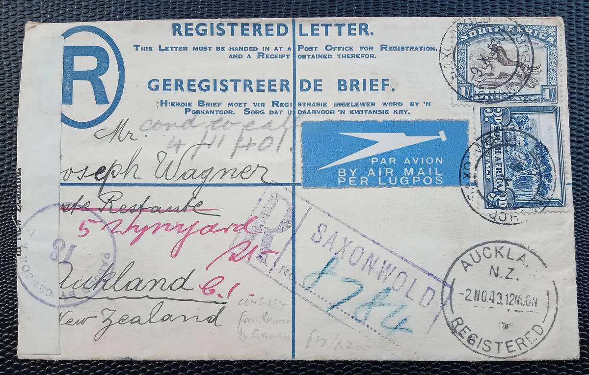 Mail/Postage/- Saxonworld Registration Label and Cancel to Auckland NZ. Censor tape and stamp 18