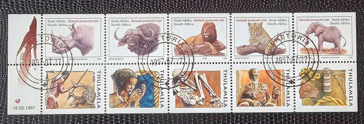 1997 R.S.A. 'Thulumela' Advertising strip on the big 5 Airmail postcard stamps used Stamps Used.