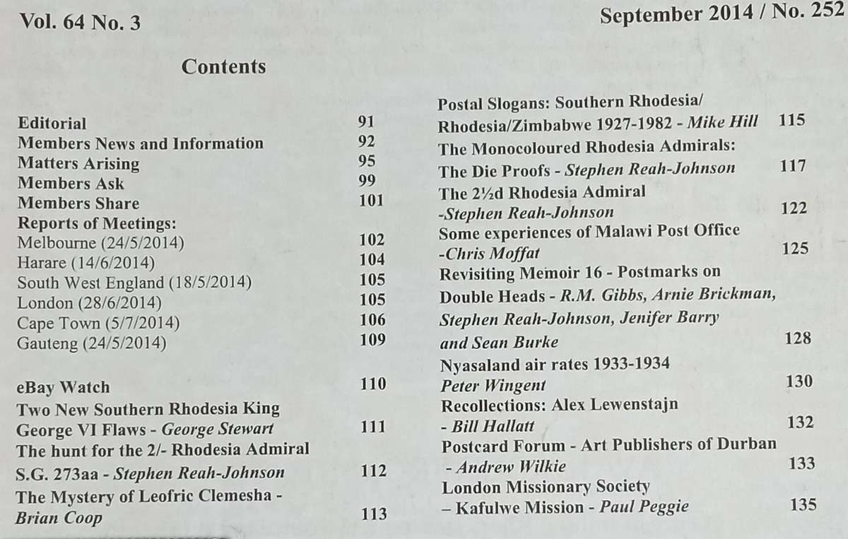 2014 Rhodesian Study Circle Journal-N & S Rhodesia & Nyasaland-Vol 64 No3.