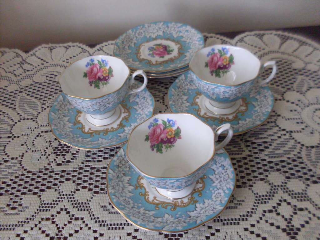 3 ROYAL ALBERT SMALL CUP DUOS AND 3 SPARE SAUCERS...ENCHANTMENT PATTERN