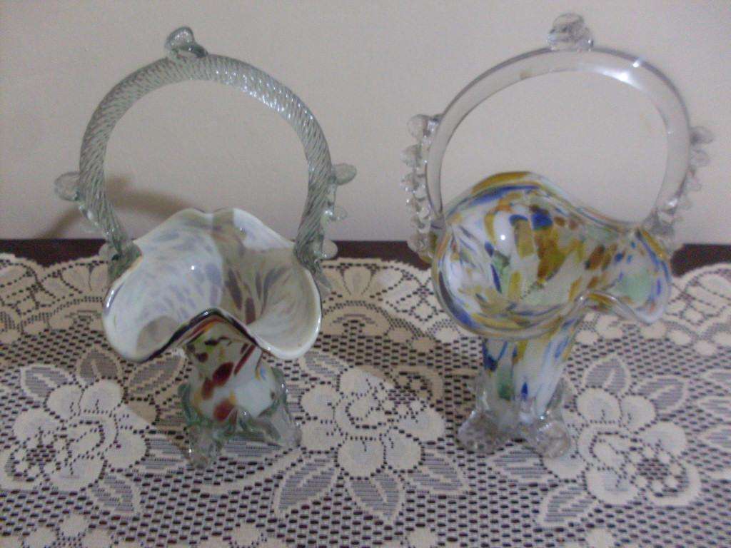 2 X VENETIAN/ MURANO MULTICOLOUR GLASS BASKETS...27 CM TALL EACH