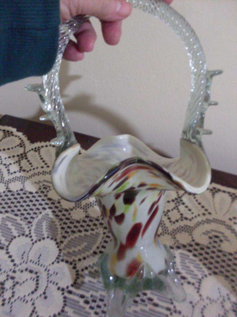 2 X VENETIAN/ MURANO MULTICOLOUR GLASS BASKETS...27 CM TALL EACH