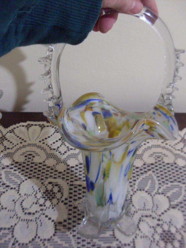 2 X VENETIAN/ MURANO MULTICOLOUR GLASS BASKETS...27 CM TALL EACH
