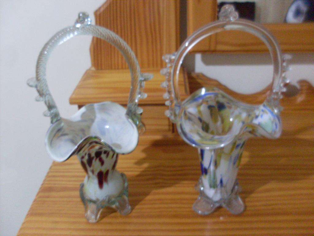 2 X VENETIAN/ MURANO MULTICOLOUR GLASS BASKETS...27 CM TALL EACH