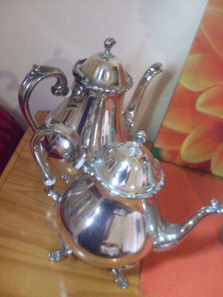 SILVER PLATED TEAPOT+ COFFEE POT WITH HINGED LIDS/DECORATIVE FEET/HANDLE/ SPOUTS