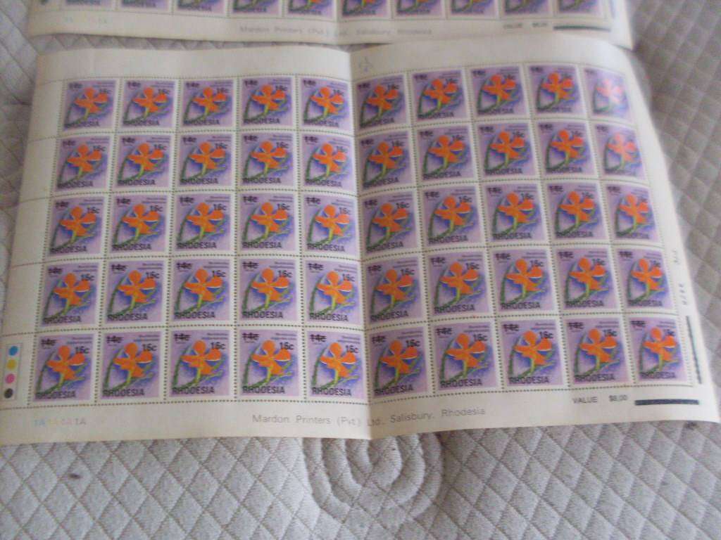 RHODESIA 2 FULL SHEETS ....14 CENTS OVERPRINTED 16 CENTS...50 POSTAGE STAMPS PER SHEET