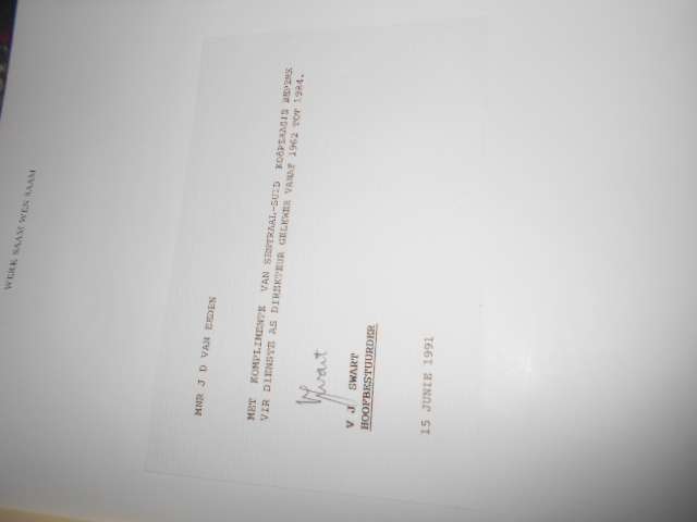 Dr Joan Prins WERK SAAM, WEN SAAM -  No 26  1931 - 1991 geteken  & Hoofbestuurder VJ Swart