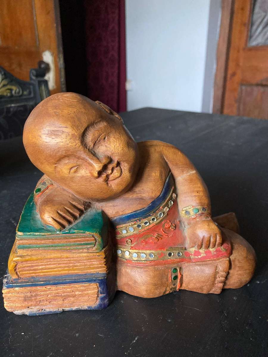 CHINESE WOODEN SCULPTURES SLEEPING BOY AND GIRL