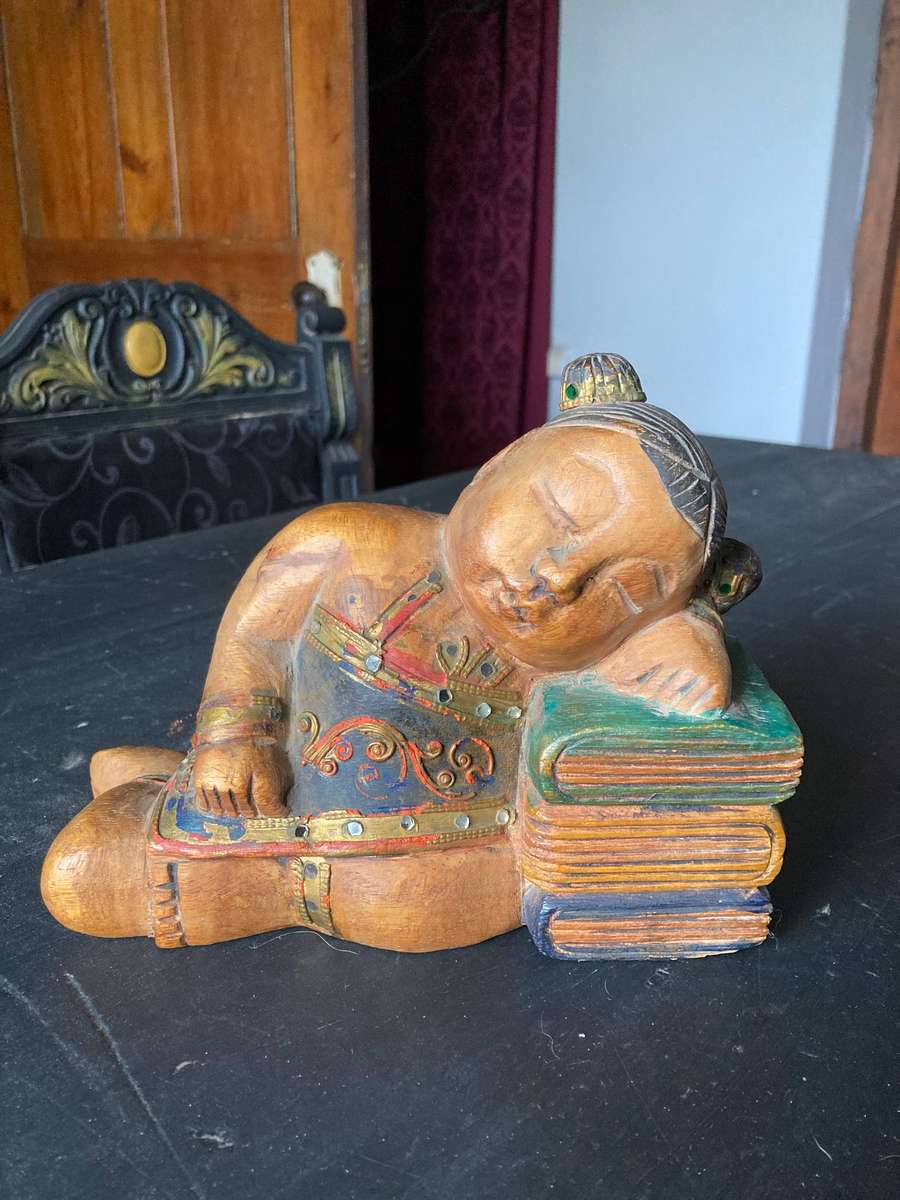 CHINESE WOODEN SCULPTURES SLEEPING BOY AND GIRL