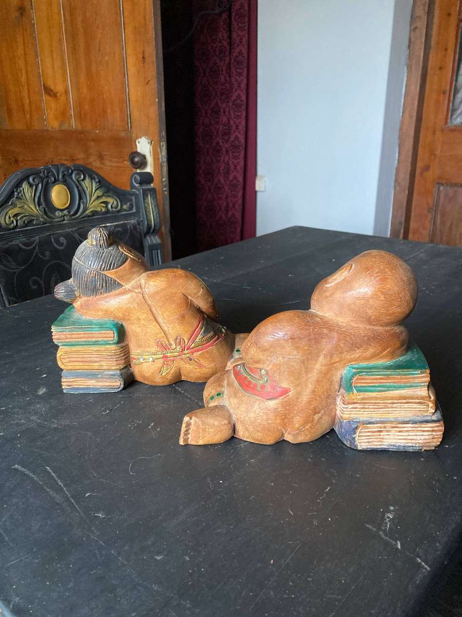 CHINESE WOODEN SCULPTURES SLEEPING BOY AND GIRL