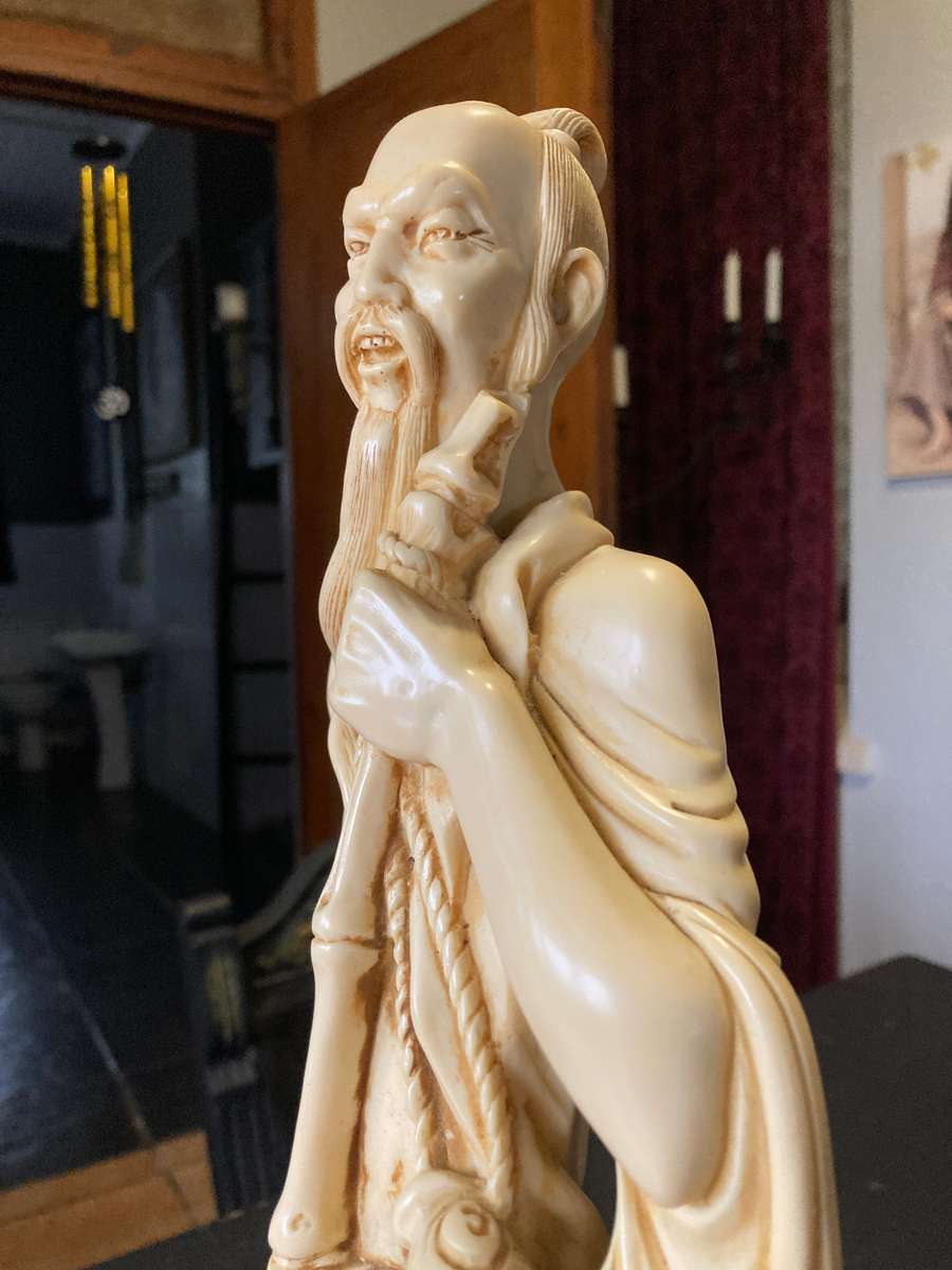 VERY LARGE ORIENTAL  ALABASTER RESIN STATUE OF A FISHERMAN