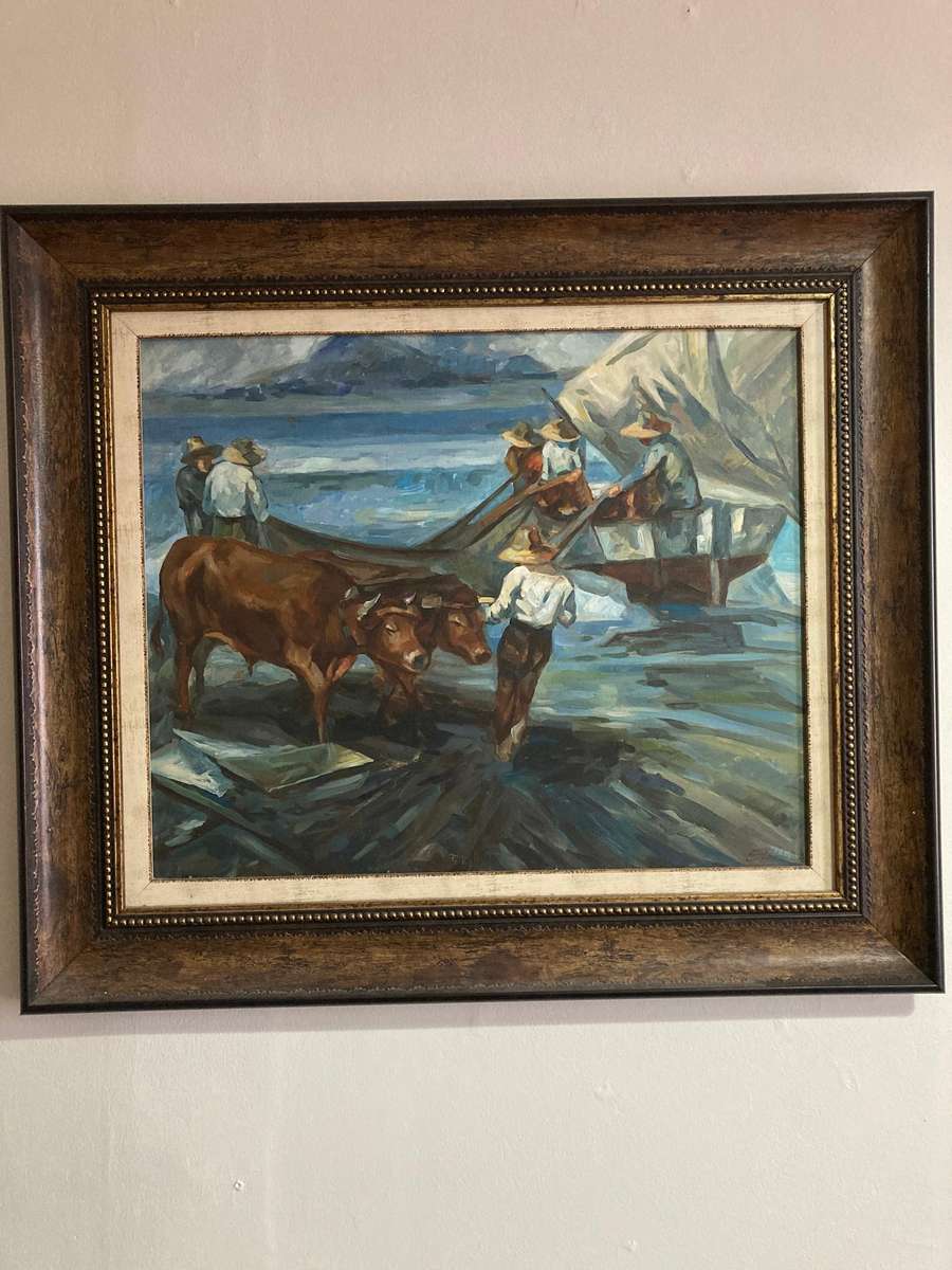 LARGE FRAMED OIL PAINTINGS OF SALT WORKERS 1 OF 2