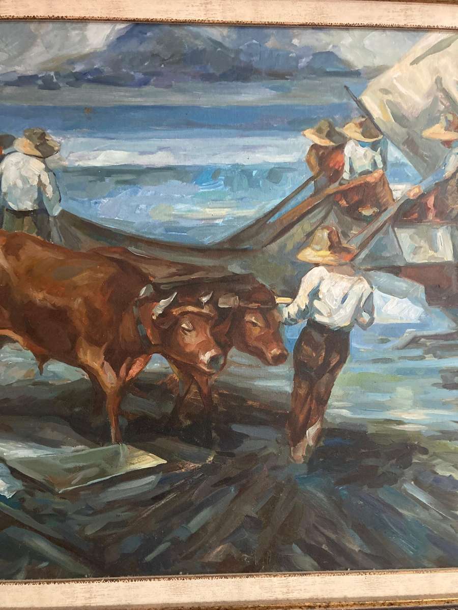 LARGE FRAMED OIL PAINTINGS OF SALT WORKERS 1 OF 2