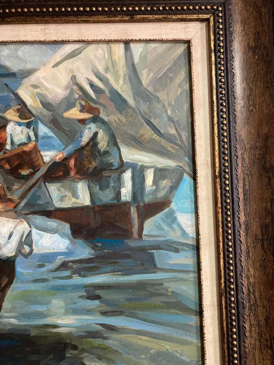 LARGE FRAMED OIL PAINTINGS OF SALT WORKERS 1 OF 2