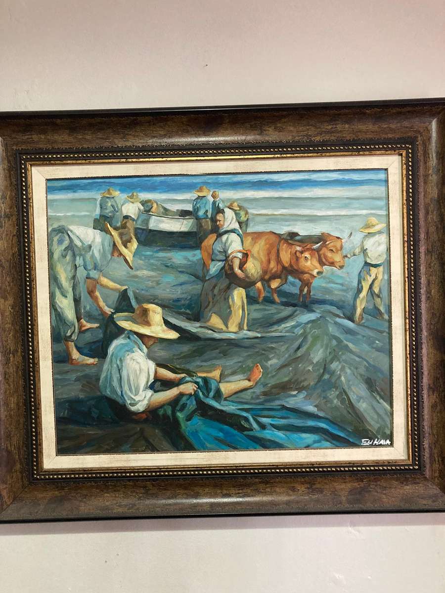 LARGE FRAMED OIL PAINTING OF SALT WORKERS ( NO 2 )