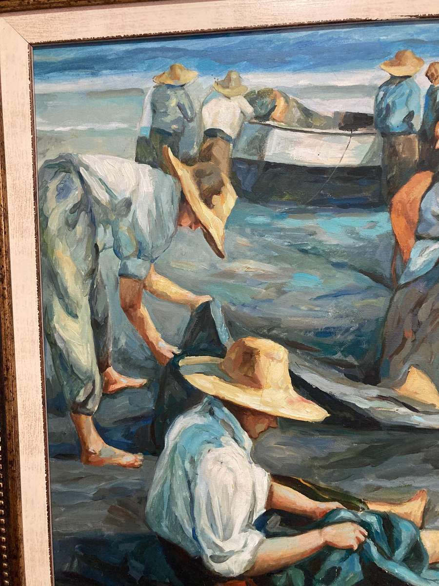 LARGE FRAMED OIL PAINTING OF SALT WORKERS ( NO 2 )