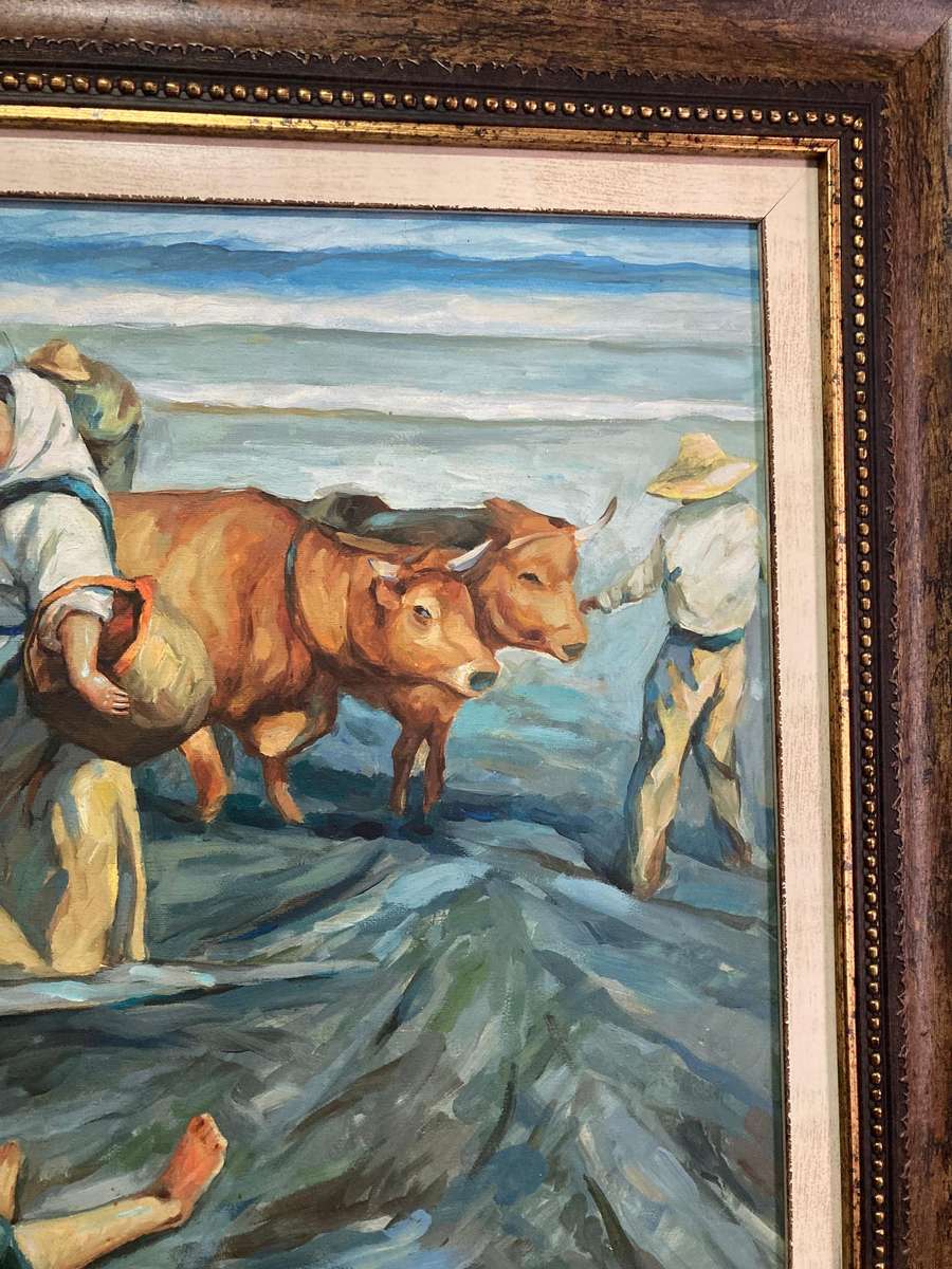 LARGE FRAMED OIL PAINTING OF SALT WORKERS ( NO 2 )