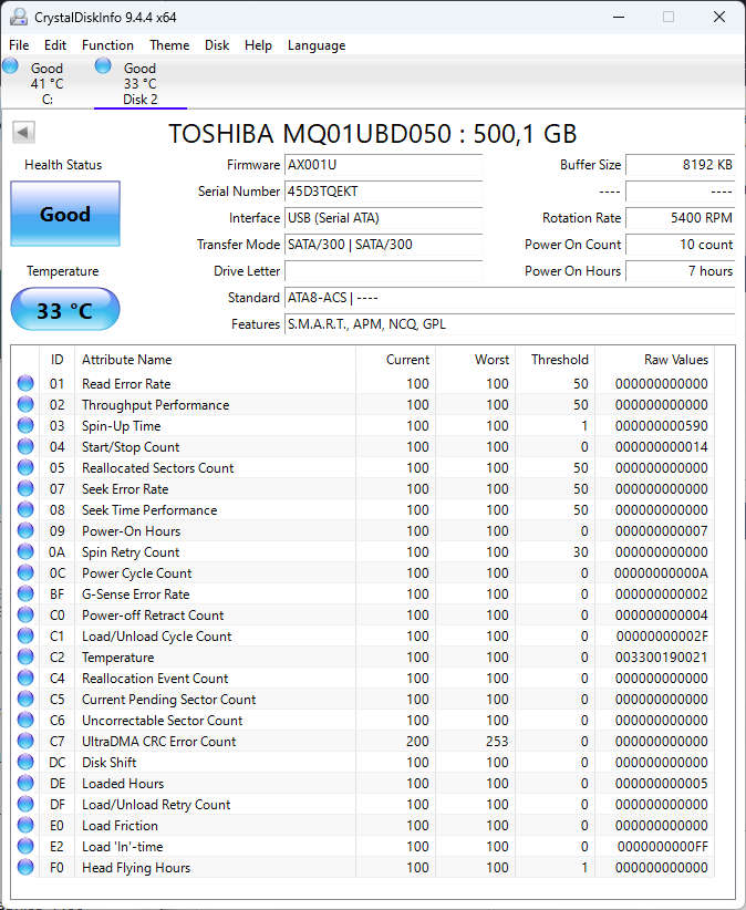 External Hard Drive 500GB Toshiba MQ01UBD050, USB 3.0, Power-on-hours 7hours