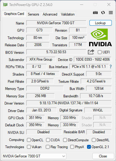 Retro Gaming NVIDIA GeForce 7300 GT - GDDR2 256MB, DVI, S-VIDEO
