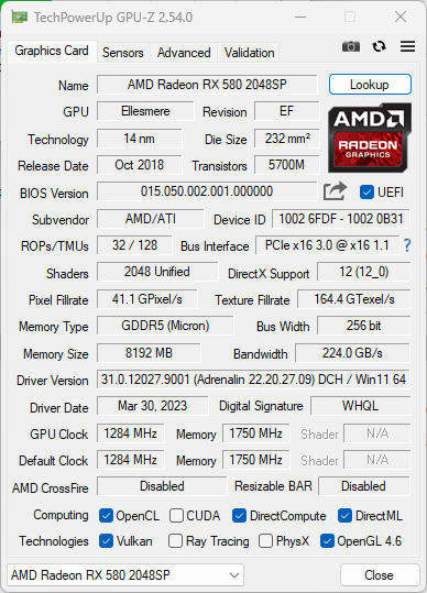 RX 580 8GB GPU - GDDR5, 256 bit, DirectX 12, OpenGL 4.6, OpenCL 2.1, AMD Graphics Card, 8 GB VRAM
